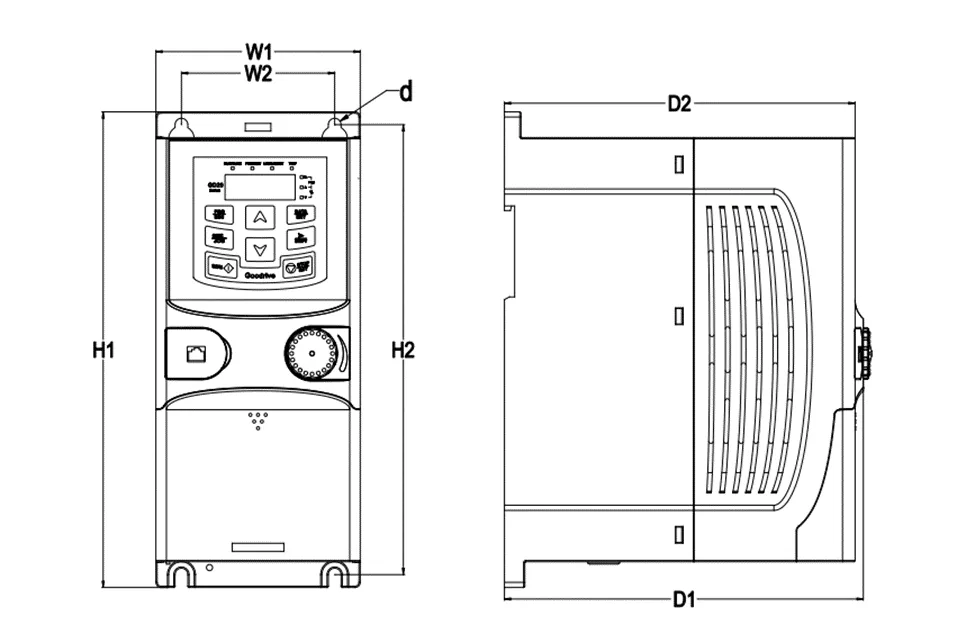 نمای فریم و جانمایی نصب اینورتر اینوت GD20 فریم سایز 2 مدل GD20-0R7G-4